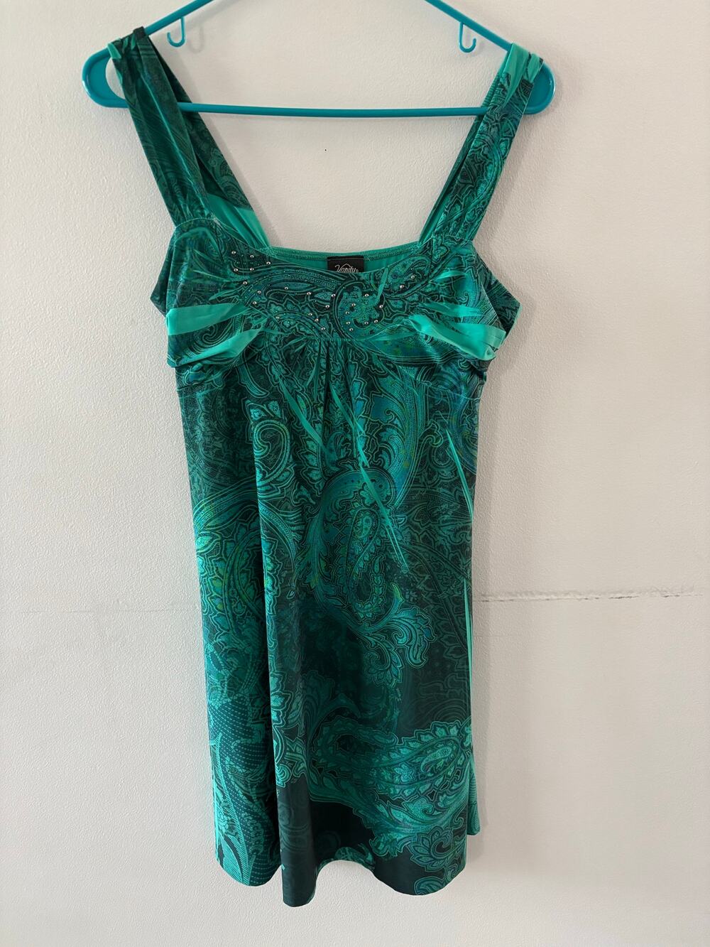 Vanity Womens Y2K Babydoll Dress Size Medium Green Paisley Fairy Mini Sleeveless